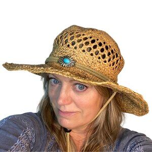 Cov/Ver Your World sun hat rattan turquoise stone adjustable chin strap Sm/M